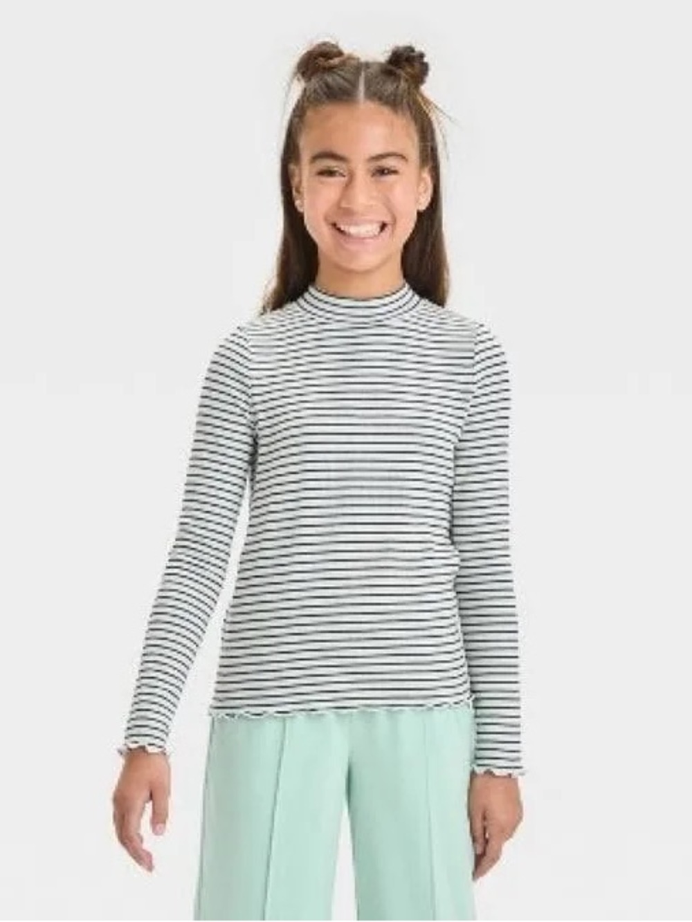 Cat & Jack Girls’ Long Sleeve Striped Ribbed Mock Neck Shirt - White S